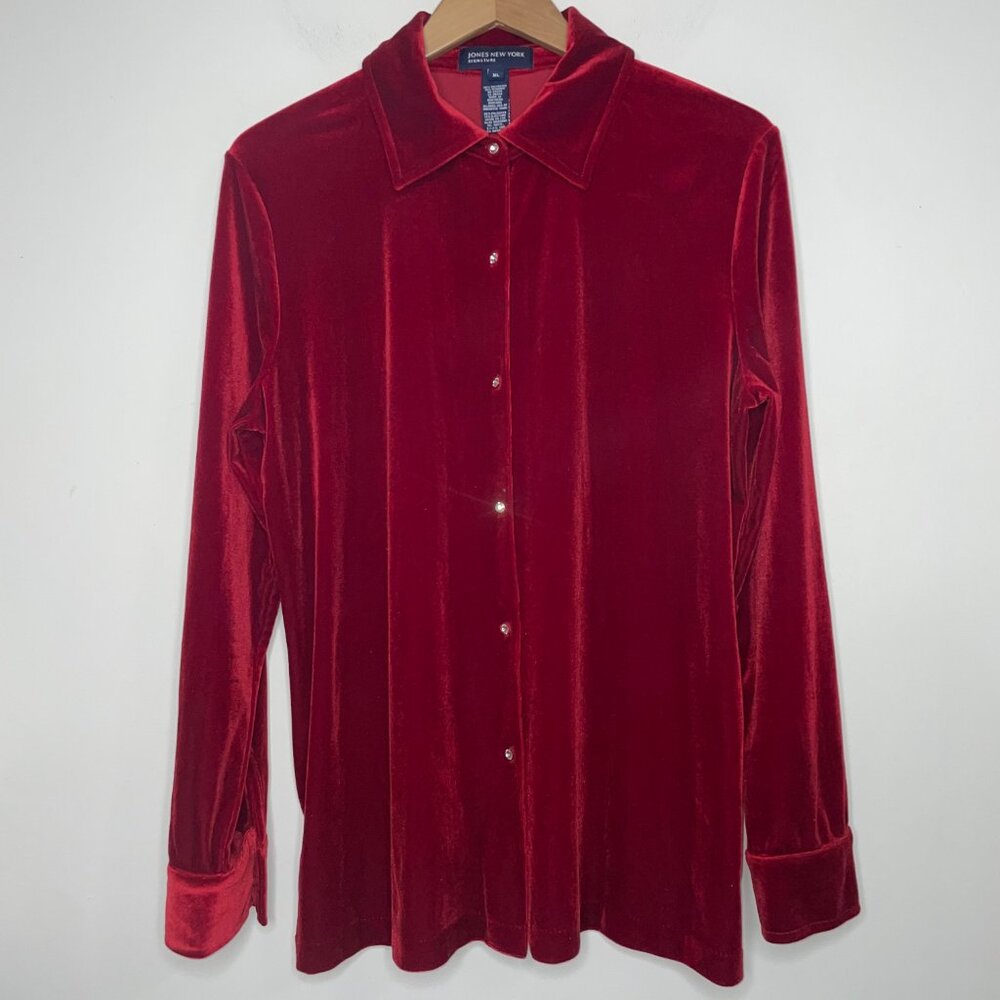 Jones New York Red Velvet Jeweled Rhinestones Buttons Shirt XL Holiday - Picture 15 of 15